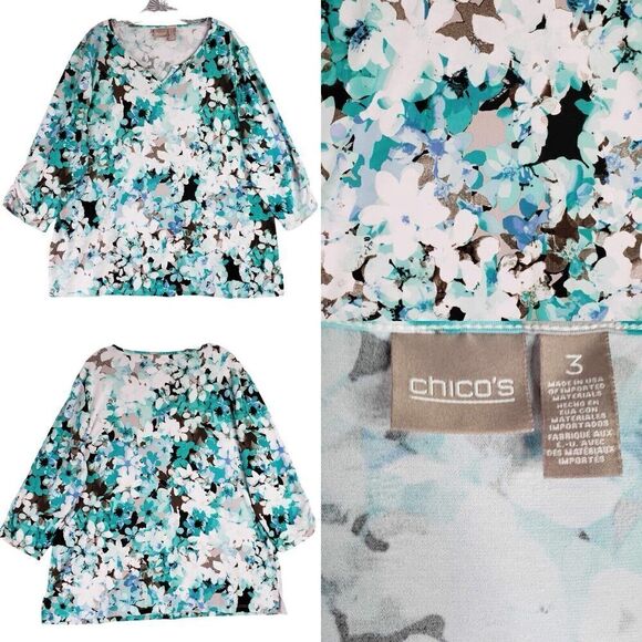 Chico's Tops - Chicos Shirt Womens Size 3 US XL Floral Tunic Stretch Cotton Teal Blue
